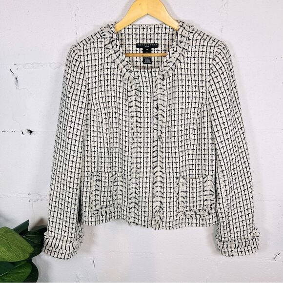Apostrophe Women’s White Black Cream Tweed Zip Blazer Jacket - Size 14P - Picture 2 of 6